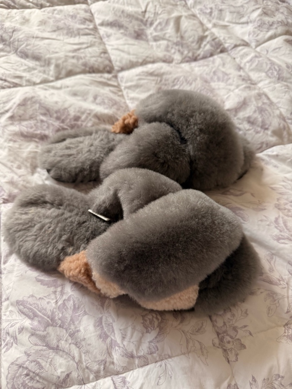 Emu Gray and Tan Sheepskin Slide Slippers